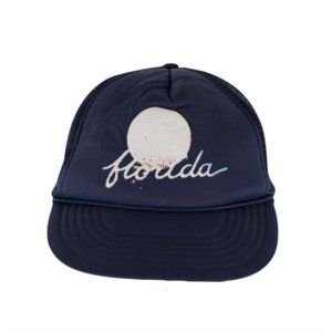 Vintage 80s Florida Spell Out Distressed Faded Roped Trucker Hat Snapback Blue